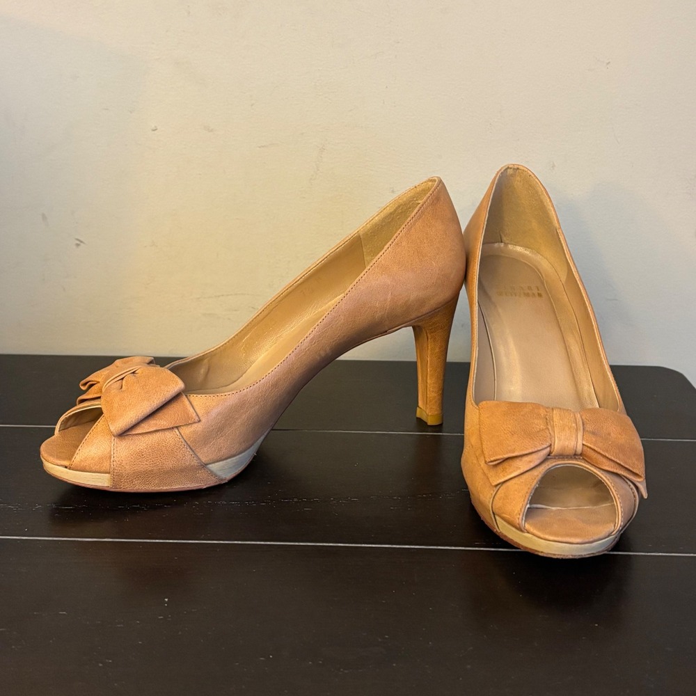 Stuart Weitzman Tan Leather Peep Toe Bow Platform Pumps Heels Sz 7.5 M JH28209